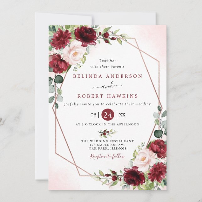 Blush Burgundy Floral Modern Gold Frame Wedding  Invitation (Front)