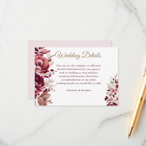 Blush Burgundy Floral Modern Wedding Details Enclosure Card