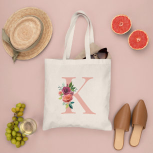 Blush Burgundy Floral Monogram Initial Tote Bag