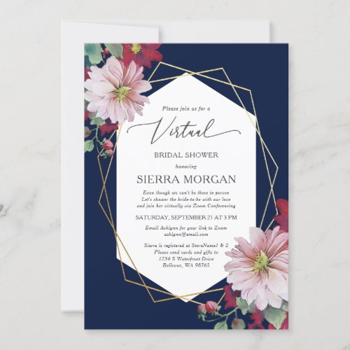 Blush Burgundy Floral Navy Gold Bridal Shower Invitation