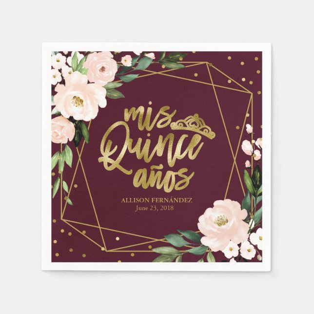 Blush Burgundy Floral Quinceanera Napkins (Front)