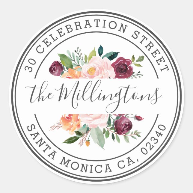 Blush Burgundy Floral Return Address Envelope Seal (Front)