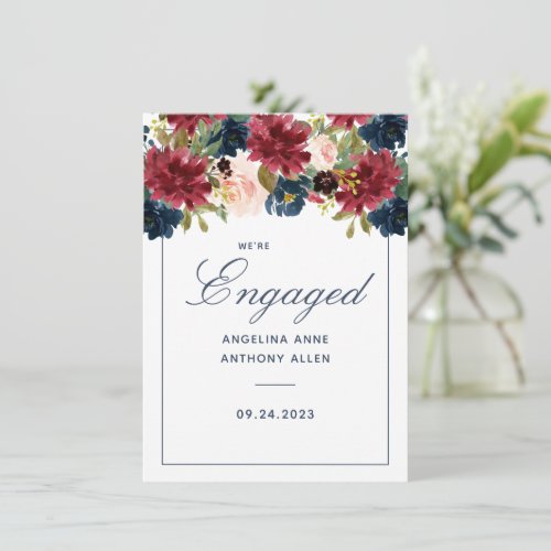 Blush Burgundy Floral Rose Gold Accents Engagement Invitation