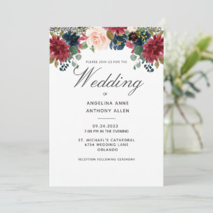 Blush Burgundy Floral Rose Gold Accents Wedding Invitation