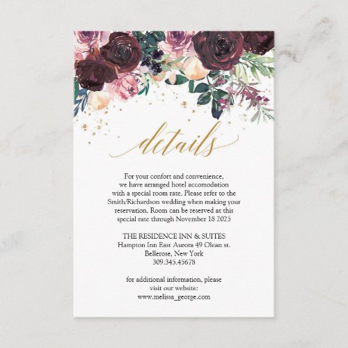 Blush burgundy floral roses gold geometric details enclosure card