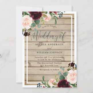 Blush & Burgundy Floral Rustic Spring Fall Wedding Invitation