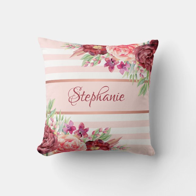 Blush Burgundy Floral Stripes Name Monogram Throw Pillow (Front)
