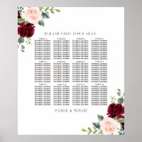 Blush Burgundy Floral Table Seating Chart Wedding