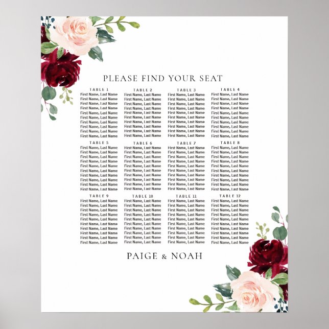Blush Burgundy Floral Table Seating Chart Wedding (Front)