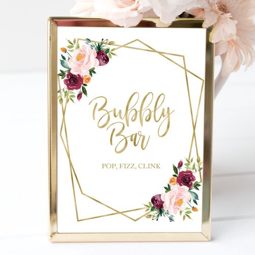 Blush Burgundy Floral Watercolor Bubbly Bar Sign