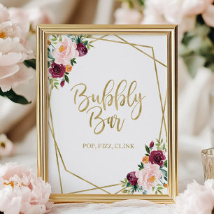 Blush Burgundy Floral Watercolor Bubbly Bar Sign