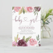 Blush burgundy floral watercolor girl baby shower invitation (Standing Front)