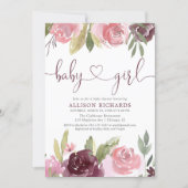 Blush burgundy floral watercolor girl baby shower invitation (Front)
