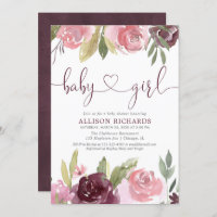 Blush burgundy floral watercolor girl baby shower invitation