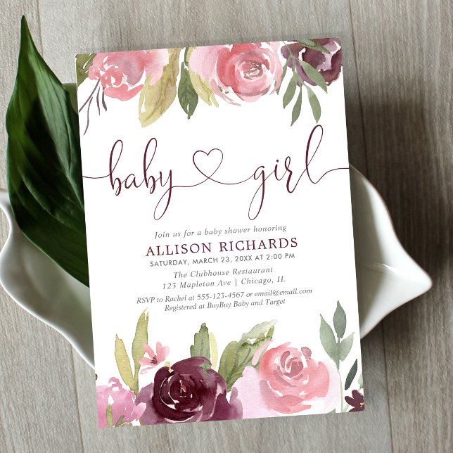 Blush burgundy floral watercolor girl baby shower invitation