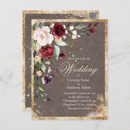 Blush Burgundy Floral Watercolor Rustic Wedding In Postcard