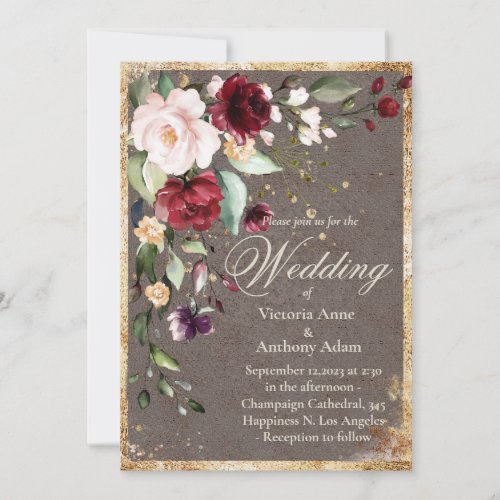 Blush Burgundy Floral Watercolor Rustic Wedding Invitation