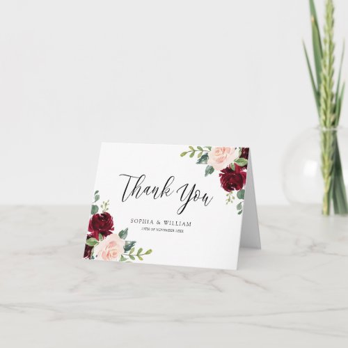 Blush  Burgundy Floral Watercolor Wedding Event Thank You Card