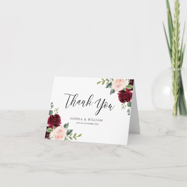 Blush & Burgundy Floral Watercolor Wedding Event Thank You Card (Front)