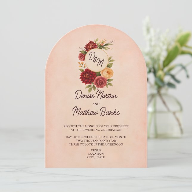 Blush Burgundy Floral Watercolor Wedding Invitation (Standing Front)