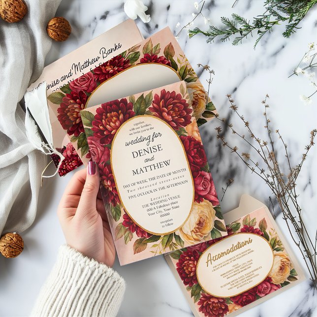 Blush Burgundy Floral Watercolor Wedding Invitation (Creator Uploaded)