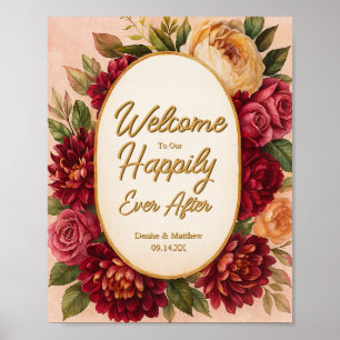 Blush Burgundy Floral Watercolor Wedding Poster