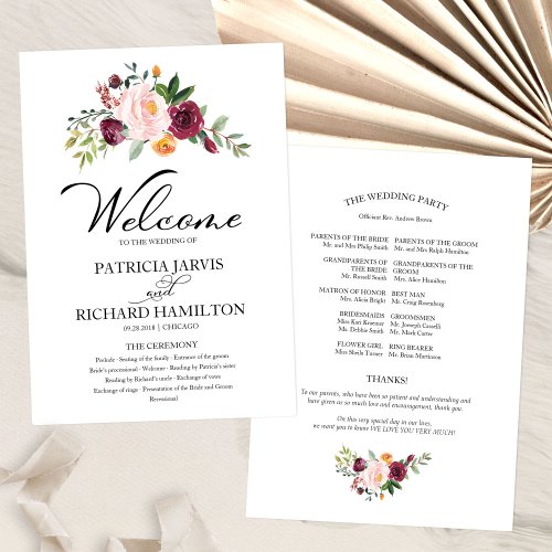 Blush Burgundy Floral Watercolor Wedding Program