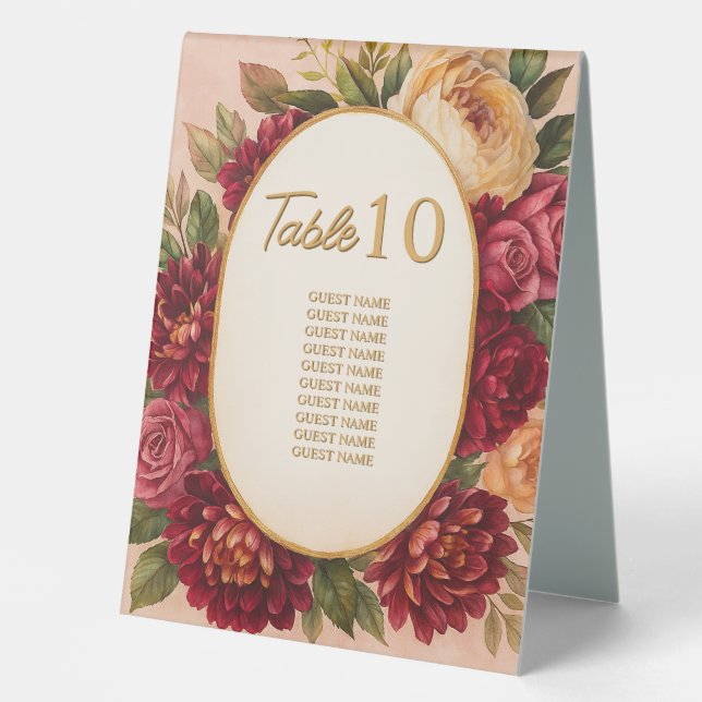 Blush Burgundy Floral Watercolor Wedding Table Tent (Front)