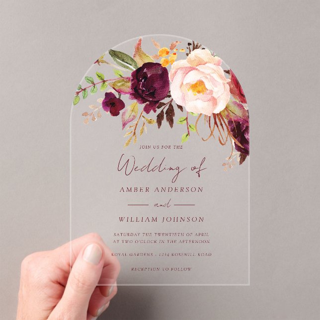 Blush Burgundy Floral Wedding   Acrylic Invitations (Insitu (Handheld))