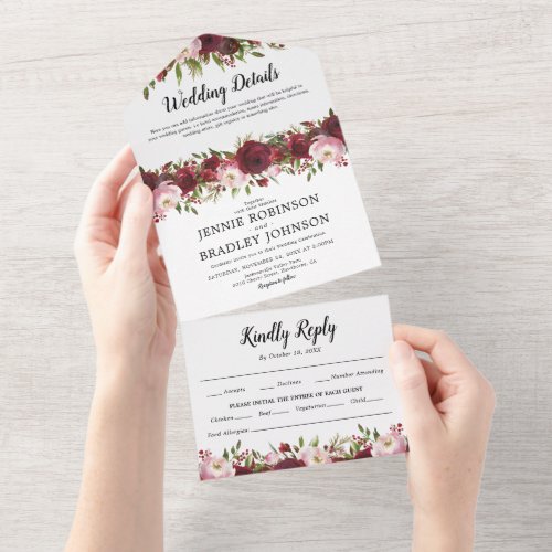 Blush Burgundy Floral Wedding All In One Invitation - All in one rustic floral wedding trifold invitation featuring a simple white background, elegant blush and burgundy watercolor flowers, wedding details, wedding invite, and a meal rsvp postcard for your guests to tear off and send back.