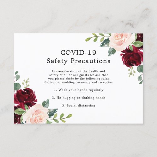Blush  Burgundy Floral Wedding COVID_19 Safety Enclosure Card