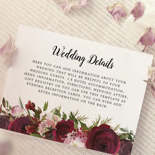 Blush Burgundy Floral Wedding Details Enclosure Card