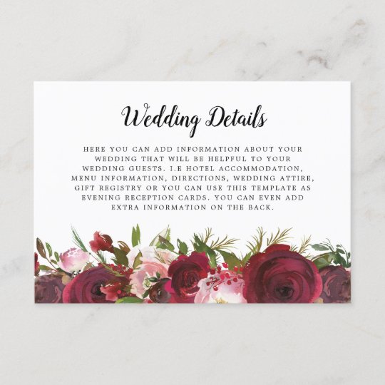 Blush Burgundy Floral Wedding Details Enclosure Card | Zazzle.com