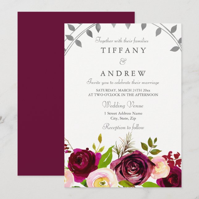 Blush & Burgundy Floral Wedding Invitation (Front/Back)