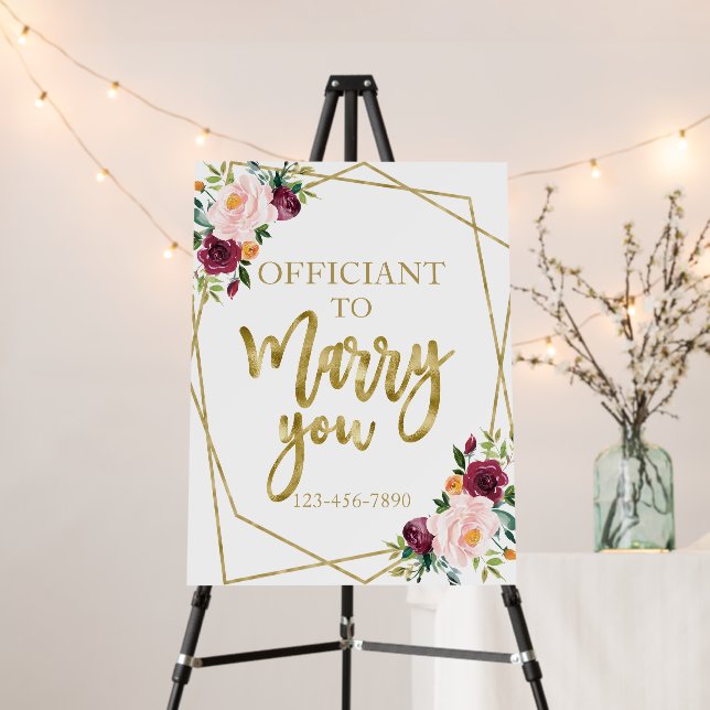 Blush Burgundy Floral Wedding Officiant Sign (In Situ (Stand))