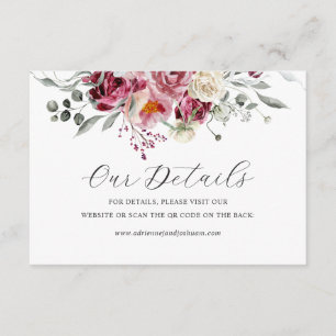 Blush & Burgundy Floral Wedding QR Code Details Enclosure Card