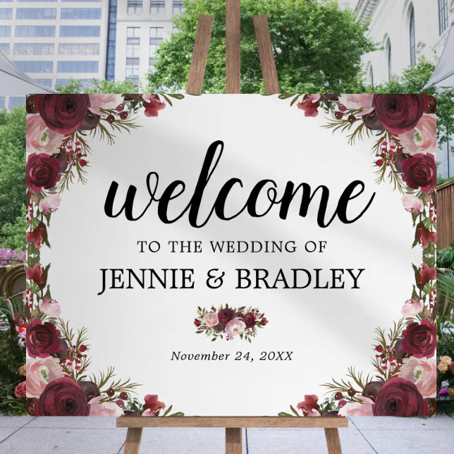 Blush Burgundy Floral Wedding Welcome Foam Board | Zazzle