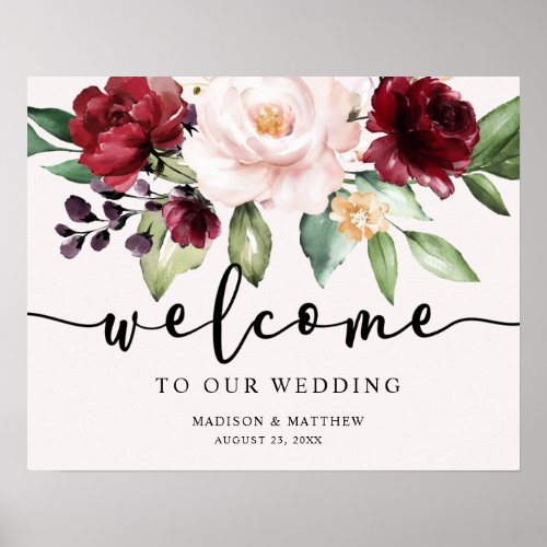 Blush Burgundy Floral Welcome Wedding Sign