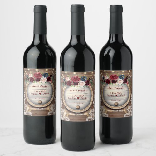Blush Burgundy Floral Wine Barrel Lace Wedding BBQ Wine Label