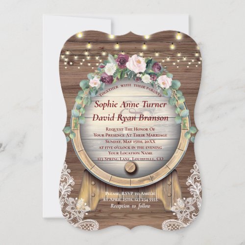 Blush Burgundy Floral Wine Barrel Lace Wedding Invitation