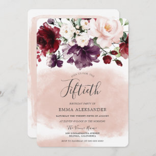 Blush Burgundy Floral Womans 50th Birthday Party Invitation