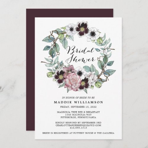 Blush  Burgundy Floral Wreath Bridal Shower  Invitation