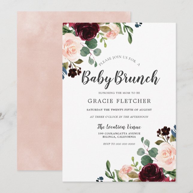 Blush & Burgundy Flowers Baby Shower Brunch Invitation (Front/Back)