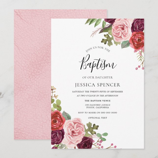 Blush & Burgundy Flowers Baptism Invitation (Front/Back)