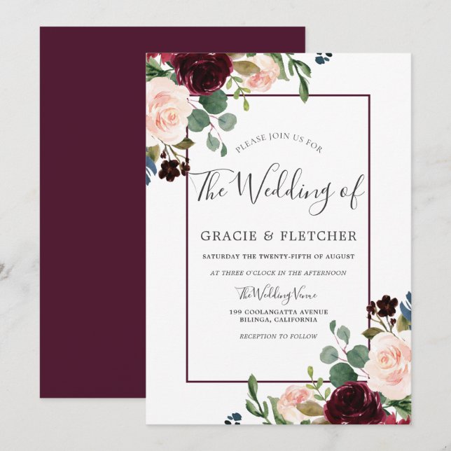 Blush & Burgundy Flowers Border Frame Wedding Invitation (Front/Back)