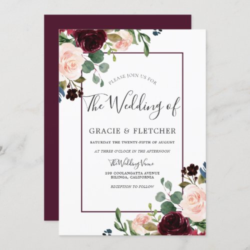 Blush  Burgundy Flowers Border Frame Wedding Invitation