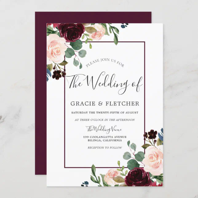 Blush & Burgundy Flowers Border Frame Wedding Invitation | Zazzle