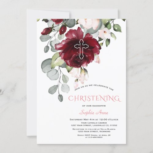 Blush Burgundy Flowers Cross Girl Christening Invitation