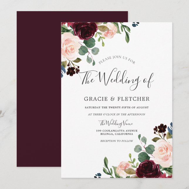 Blush & Burgundy Flowers Elegant Fall Wedding Invitation (Front/Back)