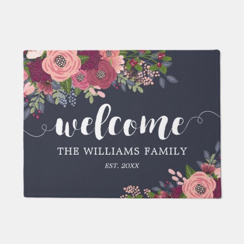 Blush  Burgundy Flowers  _ Family Name _ Welcome Doormat